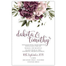 Blushing Marsala Peonie burgundy and dusty pink flowers placed at the top of the engagement invitation