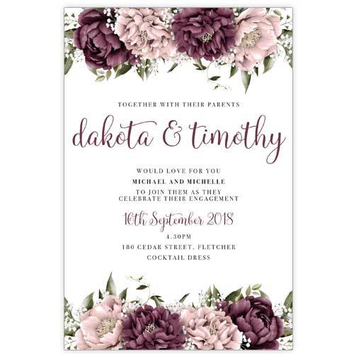 Blushing Marsala Peonie burgundy and dusty pink flowers placed at the top and bottom of the engagement invitation