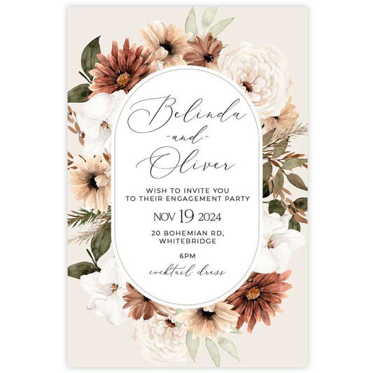 Bohemian Elegance engagement invitation in arch design featuring cream and brown flowers with greenery set