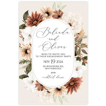 Bohemian Elegance engagement invitation in arch design featuring cream and brown flowers with greenery set