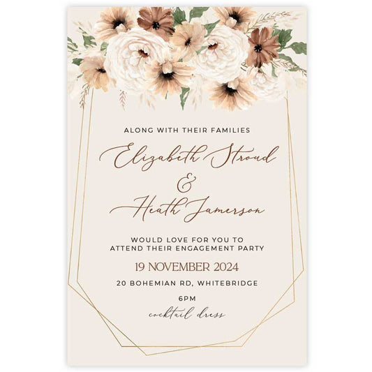 Bohemian Elegance engagement invitation in featuring cream and brown flowers with greenery set with brown coloured envelope and matching floral liner