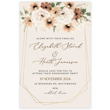 Bohemian Elegance engagement invitation in featuring cream and brown flowers with greenery set with brown coloured envelope and matching floral liner