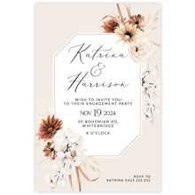 Bohemian Elegance engagement invitation in featuring cream and brown flowers and white orchids