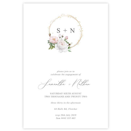 floral engagement invitation featuring with white and pink peony flowers in a gold wreath design