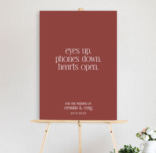 eyes up phones down unplugged wedding sign