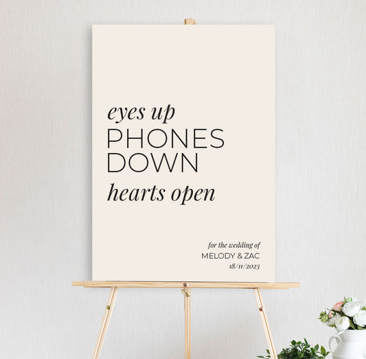 eyes up phones down unplugged wedding sign