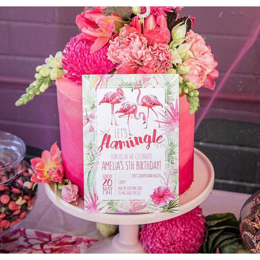 Flamingle Flamingo birthday invitation and cake