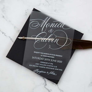 white frosted acrylic wedding invitation