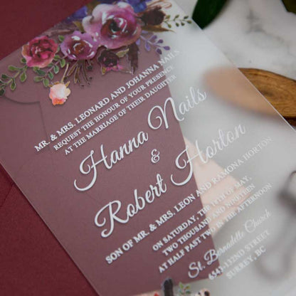 frosted acrylic wedding invitation with florals side