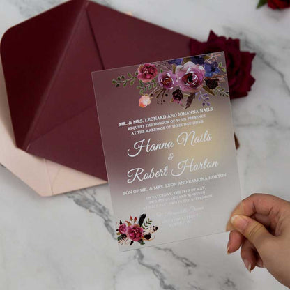 frosted acrylic wedding invitation with florals