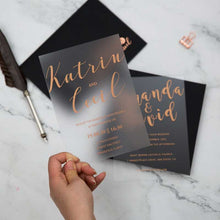 rose gold printed frosted acrylic invitation closeup