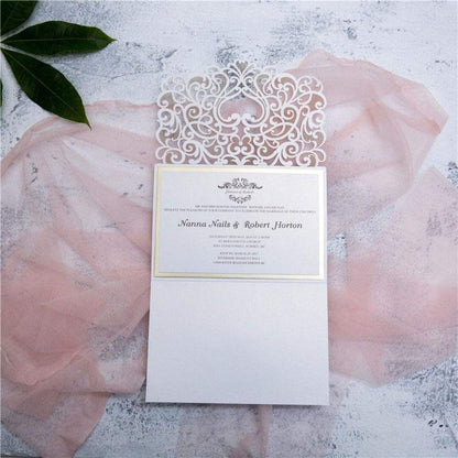 Graceful Heart - Laser-cut Tri-fold Pocket (open) in white shimmer, featuring wedding invitation and mirror backing card