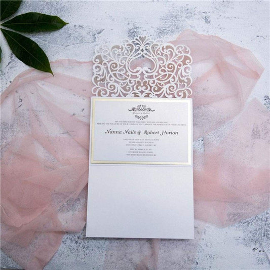 Graceful Heart - Laser-cut Tri-fold Pocket (open) in white shimmer, featuring wedding invitation and mirror backing card