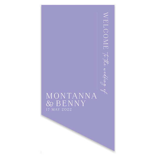 An elegant modern welcome sign in lavender and white with a diagonal cut shape