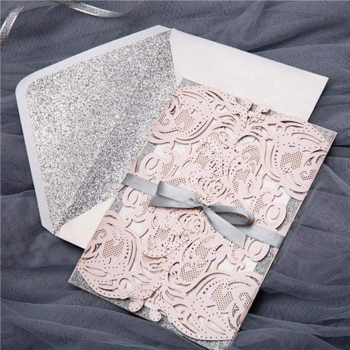 Silver glitter envelope liner Blush pink laser-cut wedding invitation