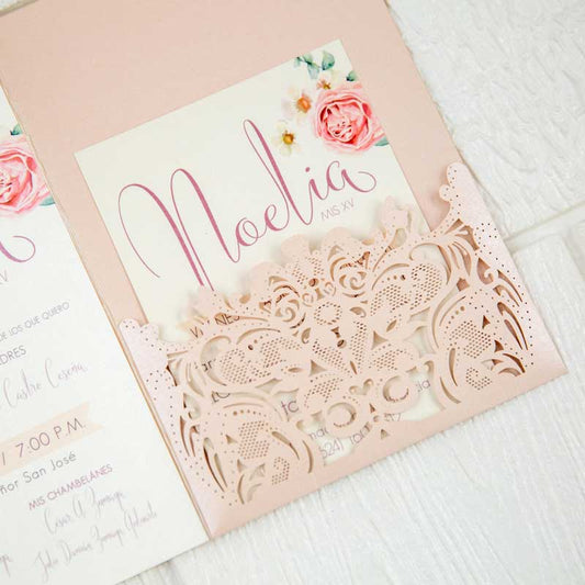 blush pink laser-cut pocket invitation