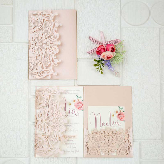 blush pink laser-cut pocket invitation suite