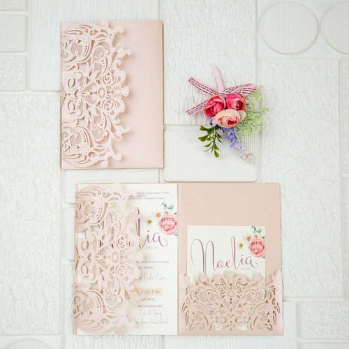 blush pink laser-cut pocket invitation suite