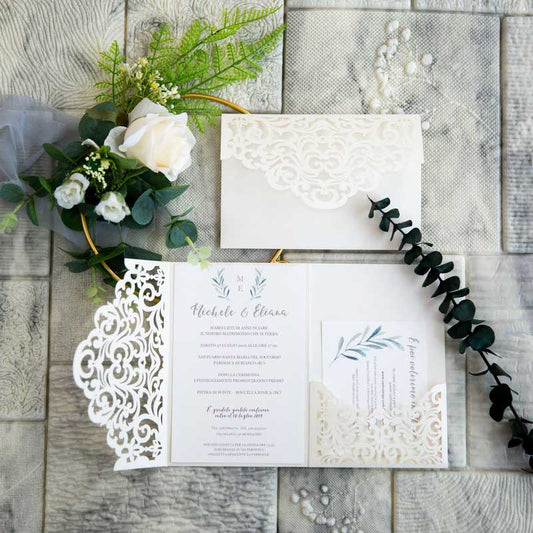 ivory laser-cut pocket invitation suite