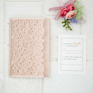 blush pink rose laser-cut wedding invitation pocket detail