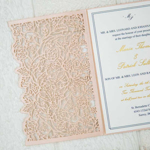 blush pink rose laser-cut wedding invitation pocket detail