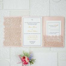 blush pink rose laser-cut wedding invitation pocket suite