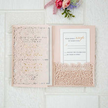 blush pink rose laser-cut wedding invitation pocket closed