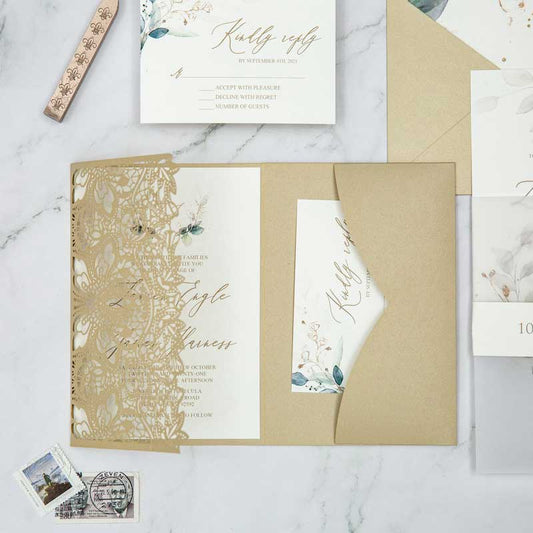 champagne gold laser-cut pocket invitation open