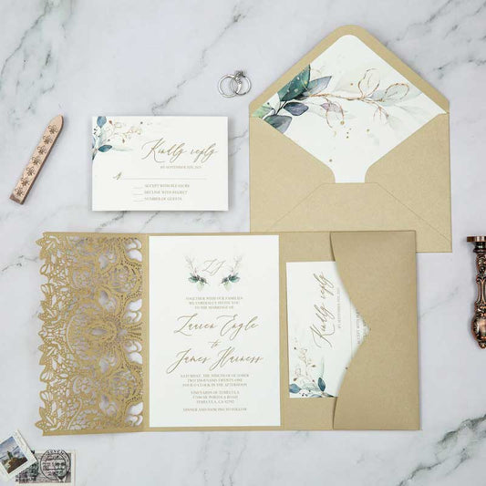 champagne gold laser-cut pocket invitation