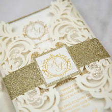 ivory laser-cut invitation gold foil glitter belly band