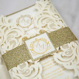 ivory laser-cut invitation gold foil glitter belly band
