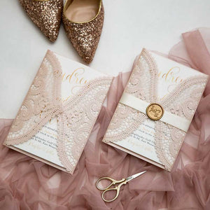 blush pink lace laser-cut-wedding-invitation wax seal double