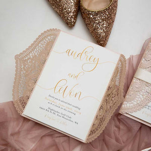 blush pink lace laser-cut-wedding-invitation open
