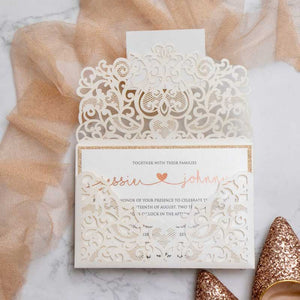 ivory lace pocket laser-cut invitation gold foil