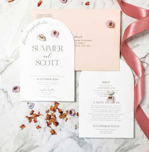 arch shape wedding invitation white blush stationery suite