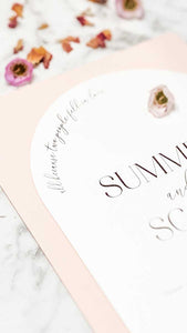 arch shape wedding invitation white blush pink linen closeup