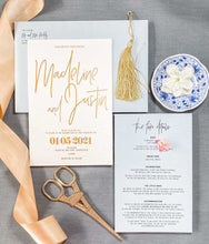 modern gold foil and blue wedding invitation suite