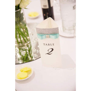 tri-fold menu/table card with aqua ribbon silver glitter