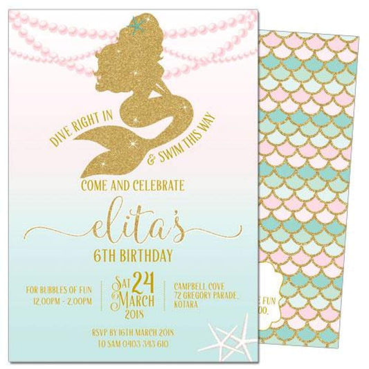 Silouette Mermaid themed birthday invitation