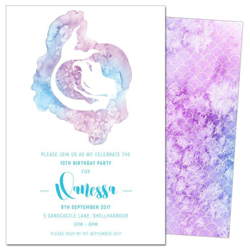 Pink and purple watercolour Mermaid themed birthday invitation