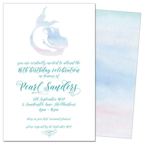 Watercolour Mermaid themed birthday invitation