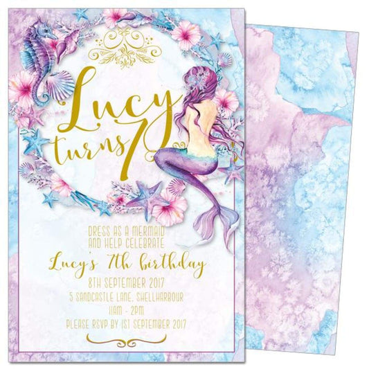 Sitting Mermaid themed birthday invitation