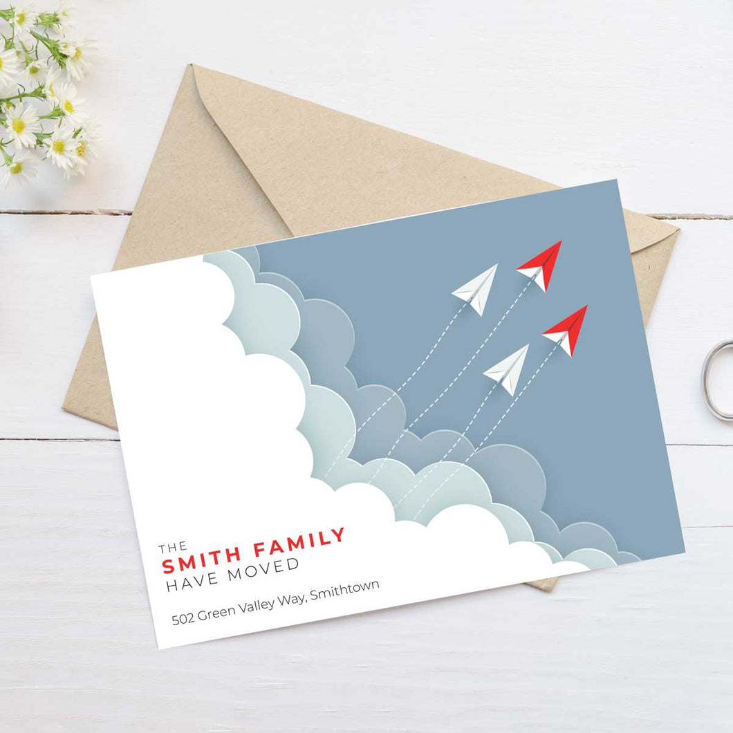 moving announcement card airplane clouds