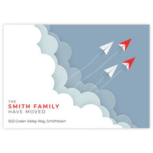moving announcement card airplane clouds