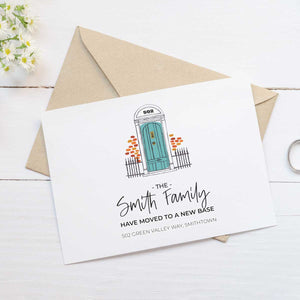 moving announcement card blue front door