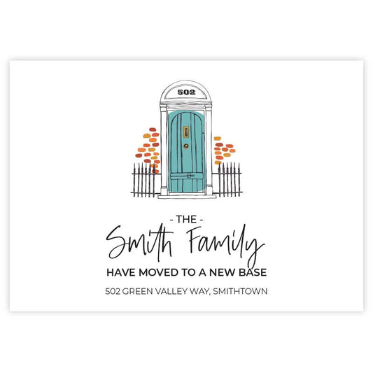 moving announcement card blue front door