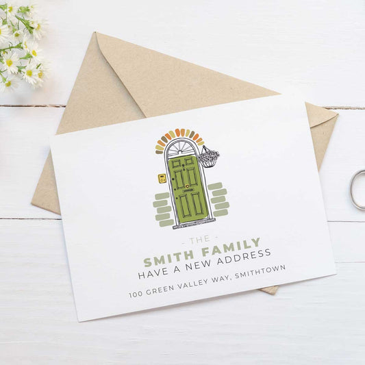moving announcement card green door