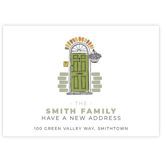 moving announcement card green door
