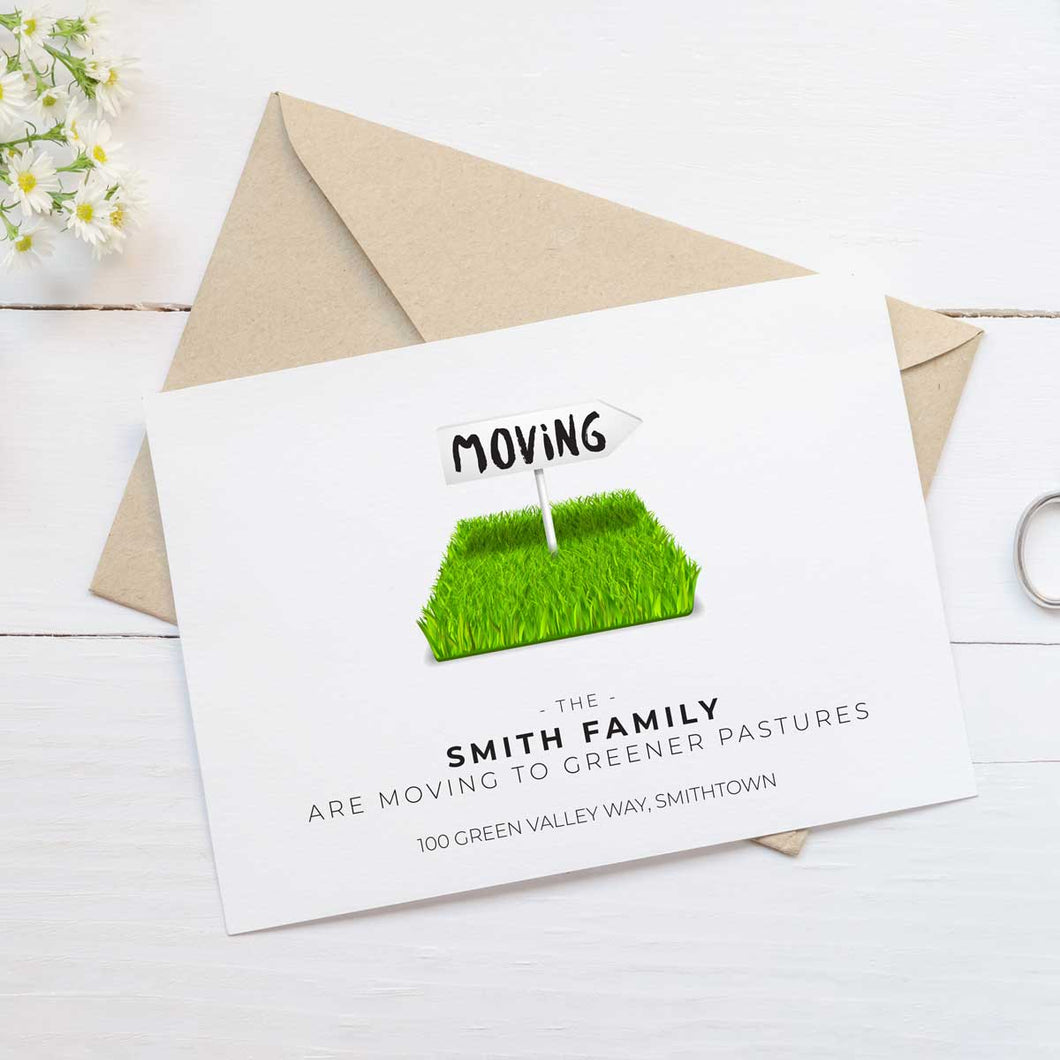 moving announcement card green pasture sign
