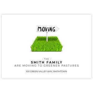 moving announcement card green pasture sign